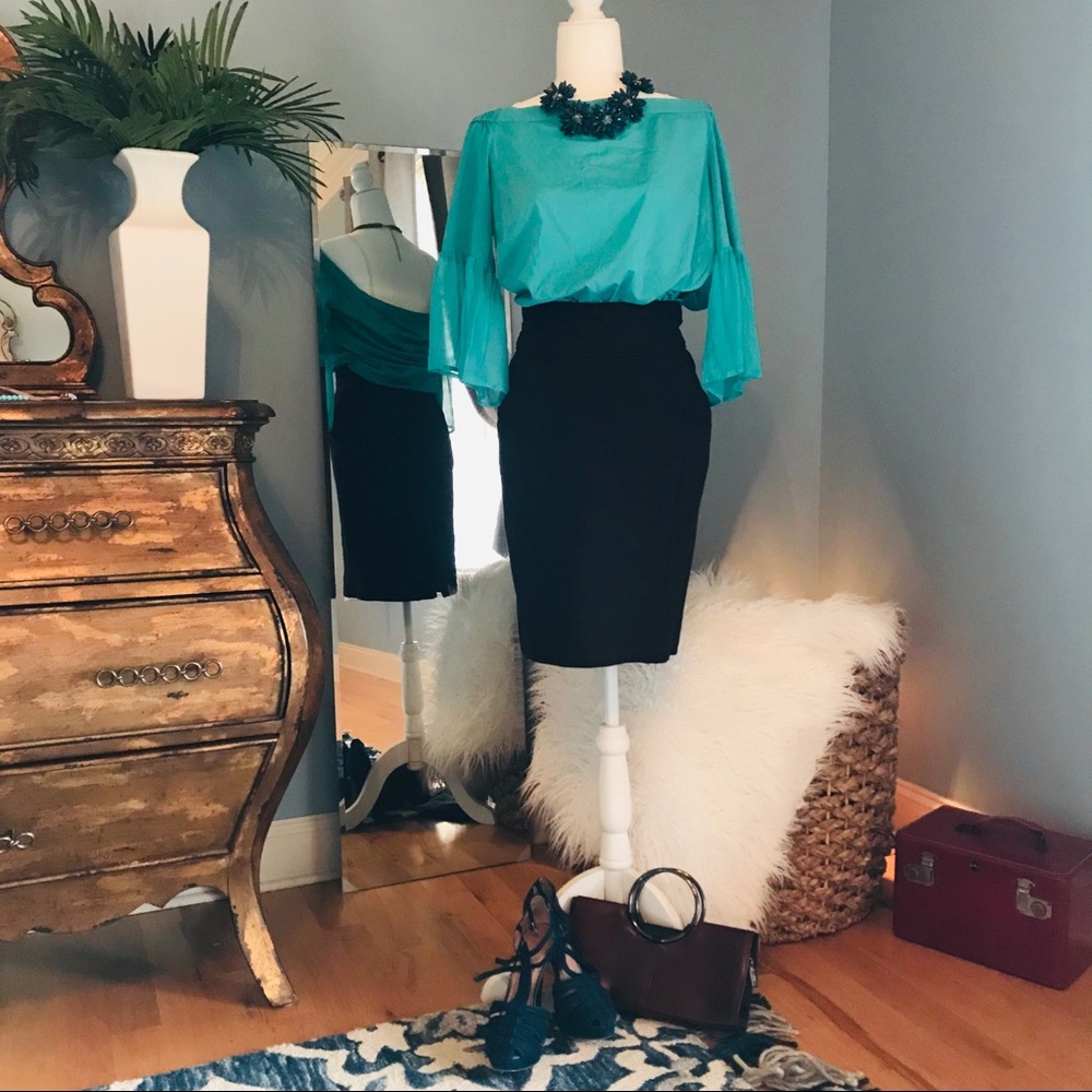 Turquoise off the shoulder silk blouse